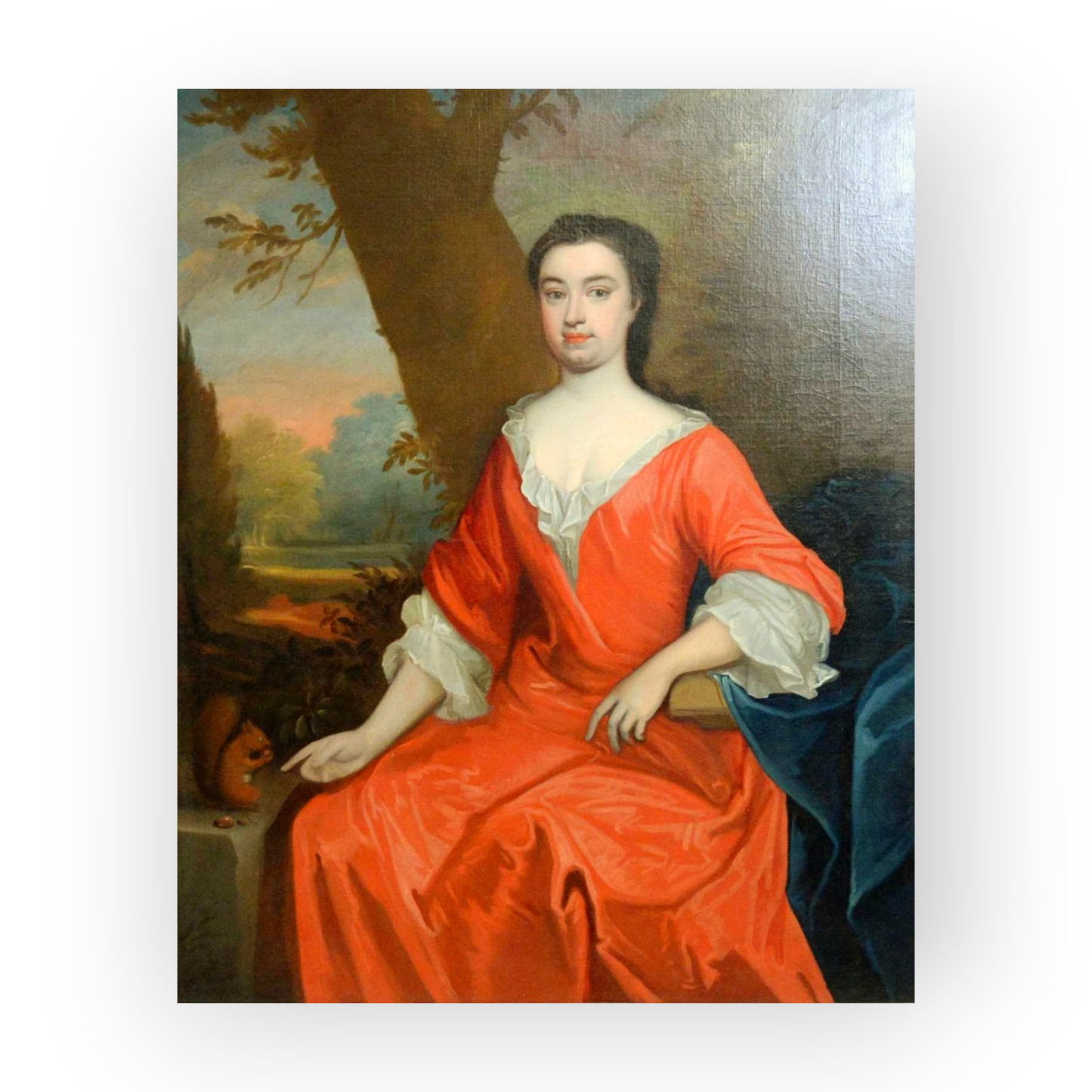 Follower of Michael Dahl (1659–1743) - A Large late 17th Century English School Antique Oil On Canvas Portrait Of An Aristocratic Lady Gesturing Towards A Red Squirrel