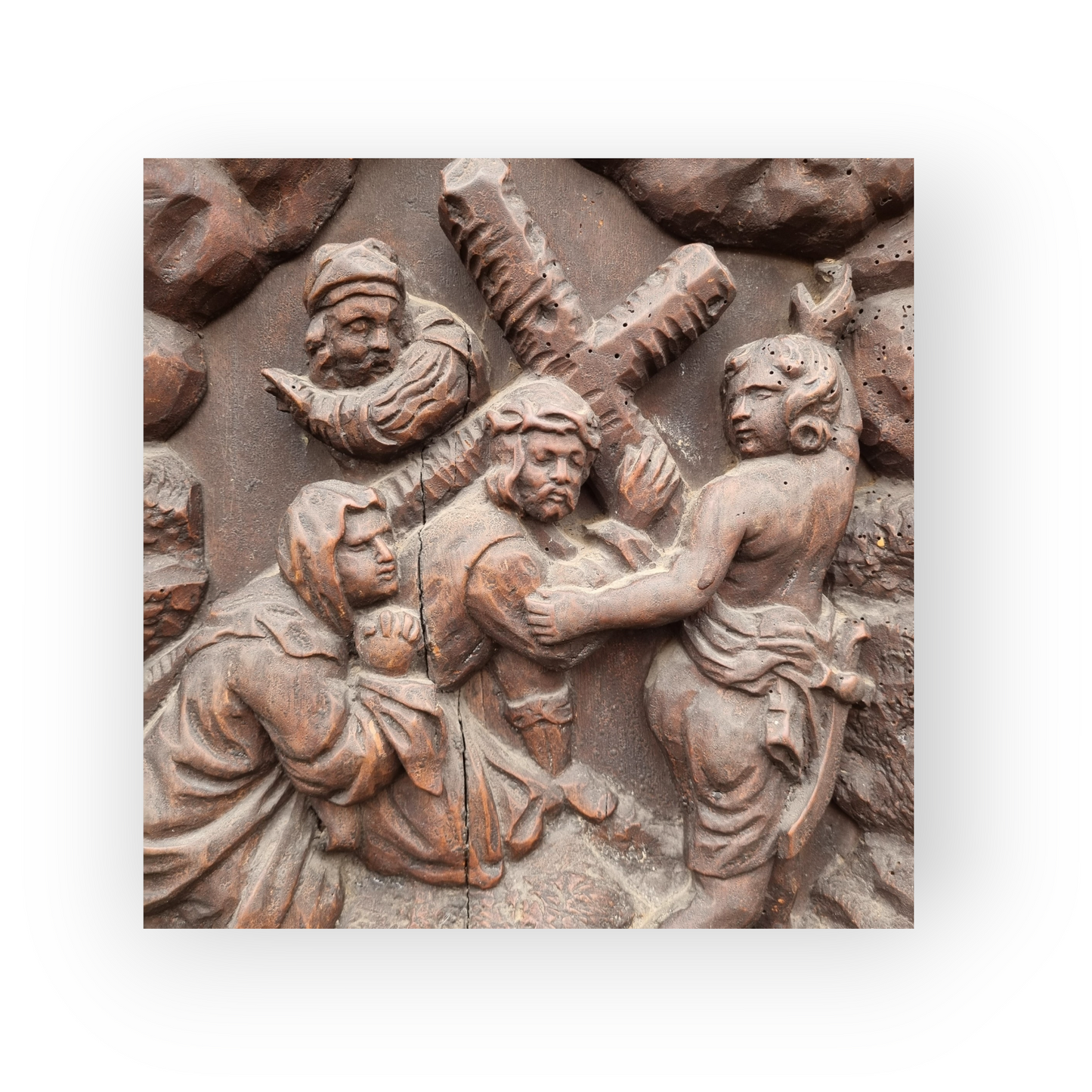 Late 17th Century North European School Antique Carved Wooden Panel Depicting The Road To Calvary