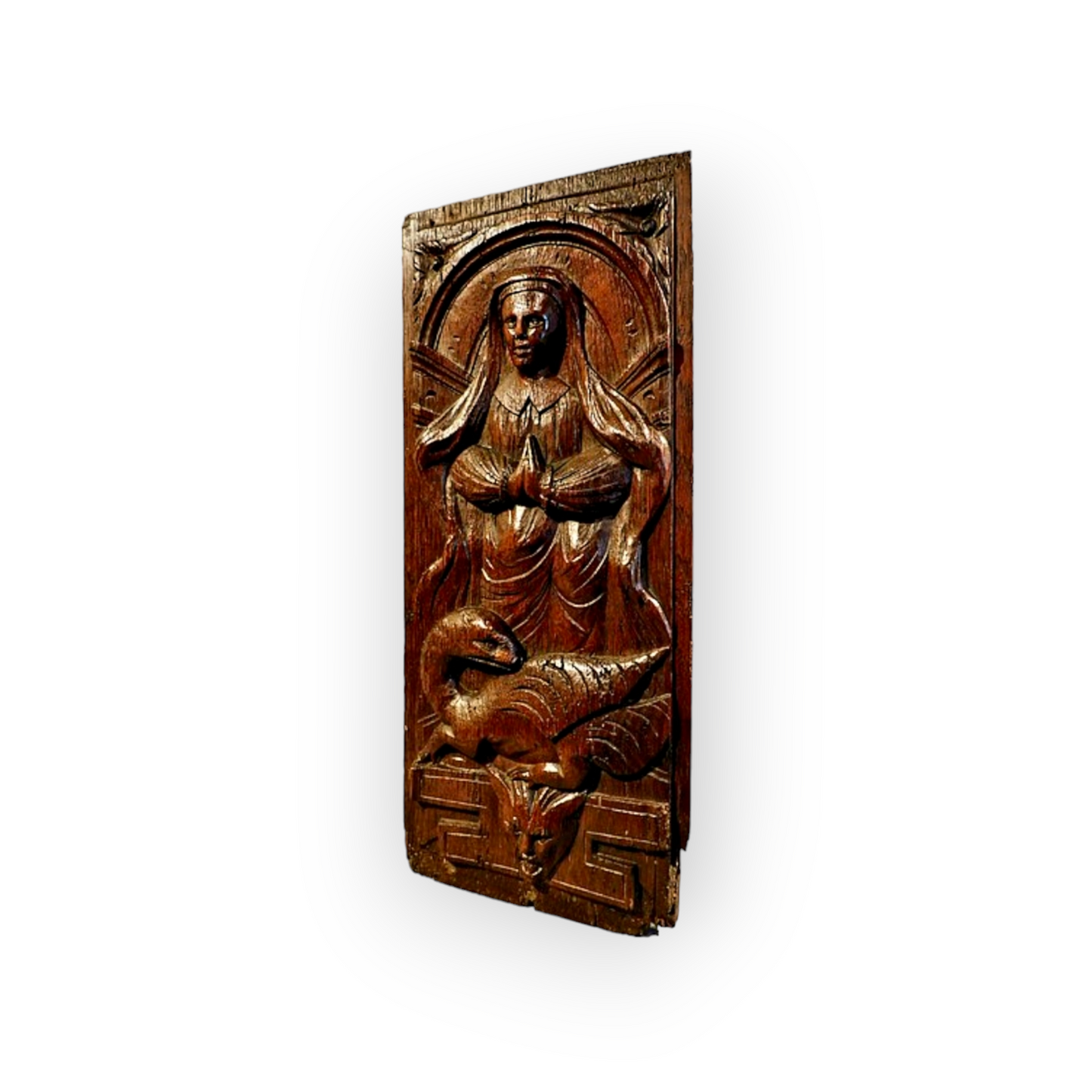 Early 17th Century French Antique Carved Oak Panel of Saint Margaret of Antioch