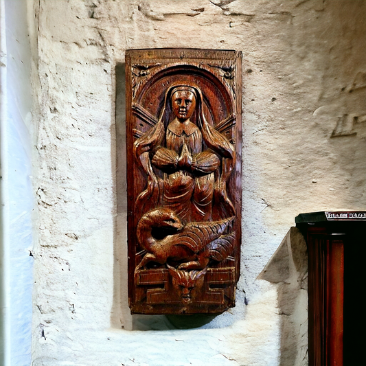 Early 17th Century French Antique Carved Oak Panel of Saint Margaret of Antioch