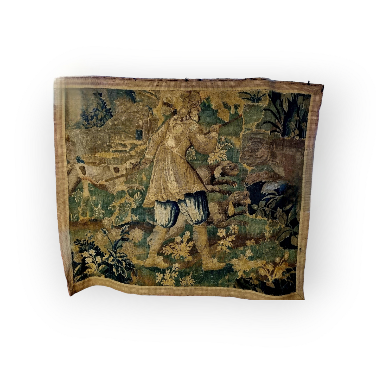 A Large 17th Century Flemish Antique Verdure Tapestry Fragment Depicting A Huntsman With Dogs And A Bear