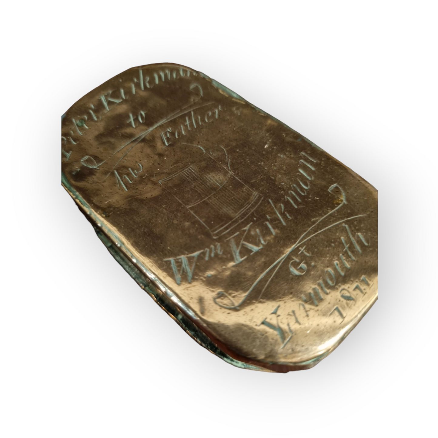 Maritime, Folk Art & Norfolk / Great Yarmouth Interest - An Early 19th-century Regency Period English Antique Copper Tobacco Snuff Box Inscribed "Peter Kirkman to his father Wm. Kirkman, Gt. Yarmouth 1811"