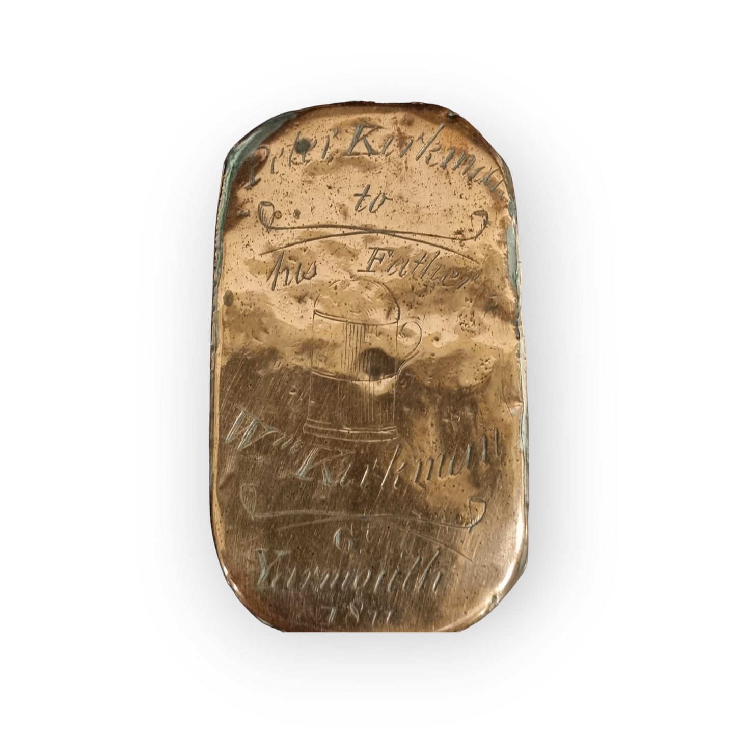 Maritime, Folk Art & Norfolk / Great Yarmouth Interest - An Early 19th-century Regency Period English Antique Copper Tobacco Snuff Box Inscribed "Peter Kirkman to his father Wm. Kirkman, Gt. Yarmouth 1811"