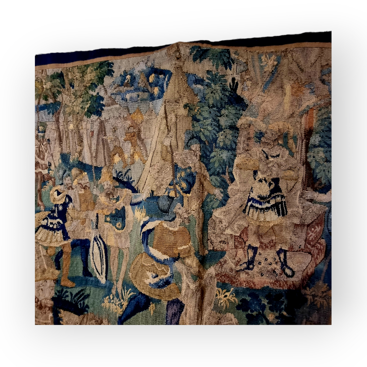 A Large Late 16th Century Flemish Antique Verdure Tapestry Fragment Depicting Soldiers and Cavalry