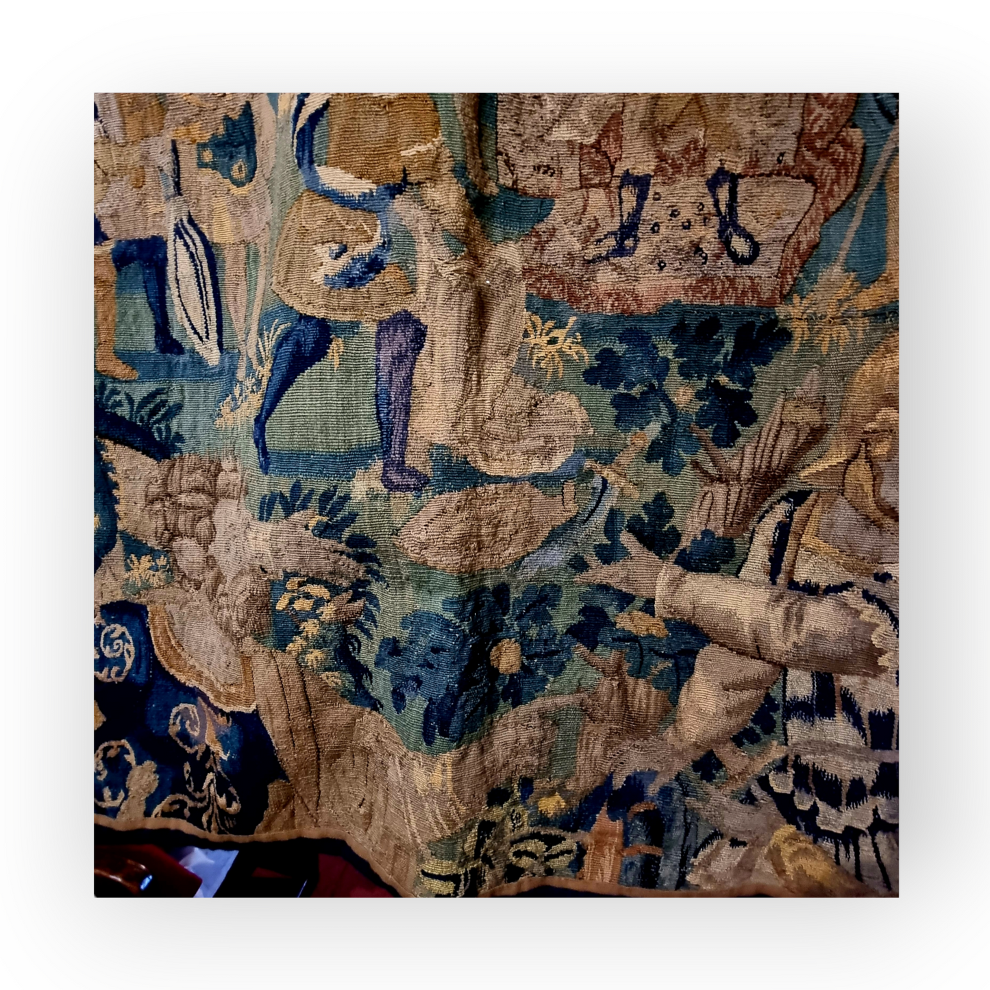 A Large Late 16th Century Flemish Antique Verdure Tapestry Fragment Depicting Soldiers and Cavalry