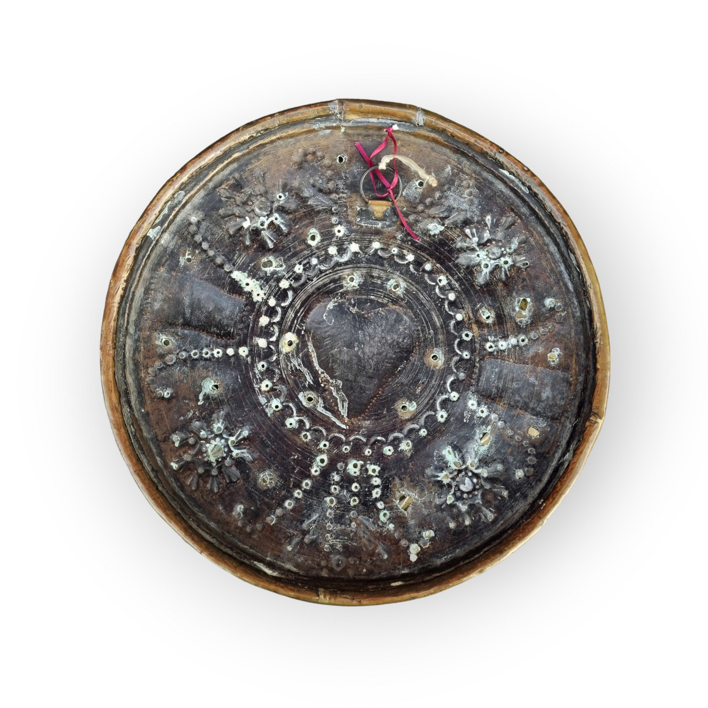 17thC Scottish Antique Brass Repousee-Worked Warming Pan Lid Decorated With A Love Heart