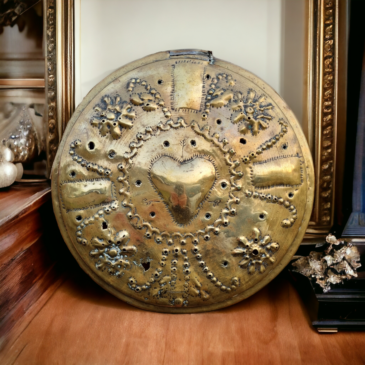 17thC Scottish Antique Brass Repousee-Worked Warming Pan Lid Decorated With A Love Heart
