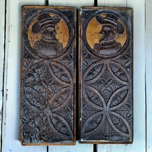 Pair of 16th Century Antique Carved Oak Romayne-Head Portrait Panels With Blind Gothic Tracery