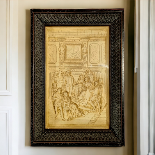 19th Century English Antique Plaster Plaque Depicting William Shakespeare (1564-1616) before Queen Elizabeth I (1533–1603)