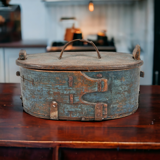 Deaccessioned From a Private Museum in Sweden - An 18th-Century Scandinavian Antique Bentwood Box in Original Blue Paint