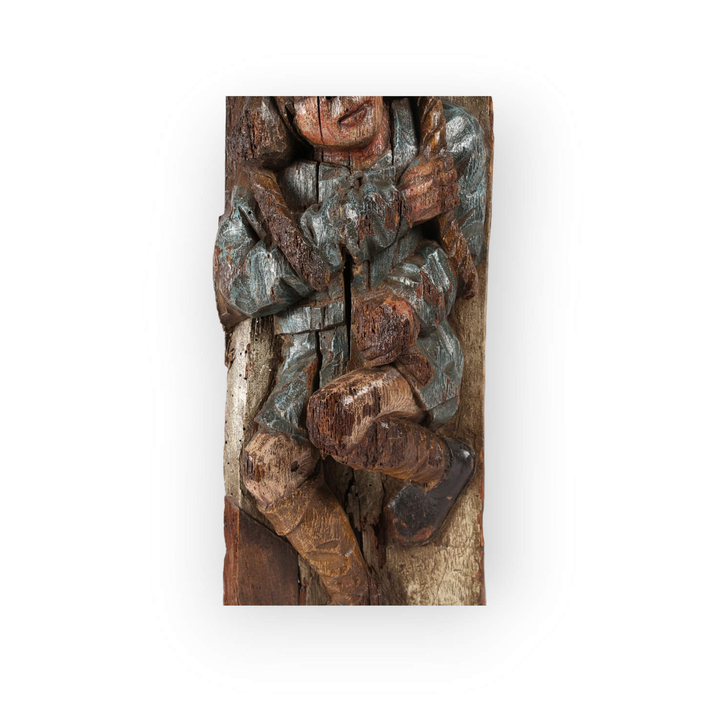 A Large & Rare 15th Century Antique Carved Pine Panel Depicting a Bell Ringer, circa 1450-1480