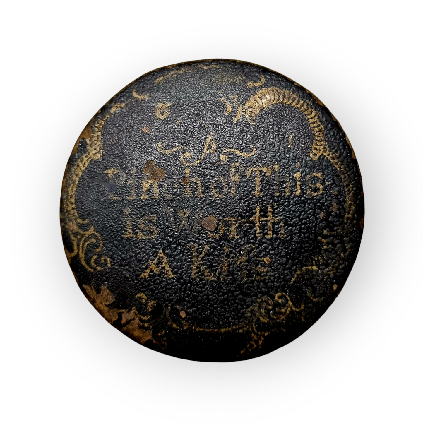 Late 18th Century English Antique Toleware Tobacco Snuff Box, Bearing The Inscription "A pinch of this is worth a kiss"