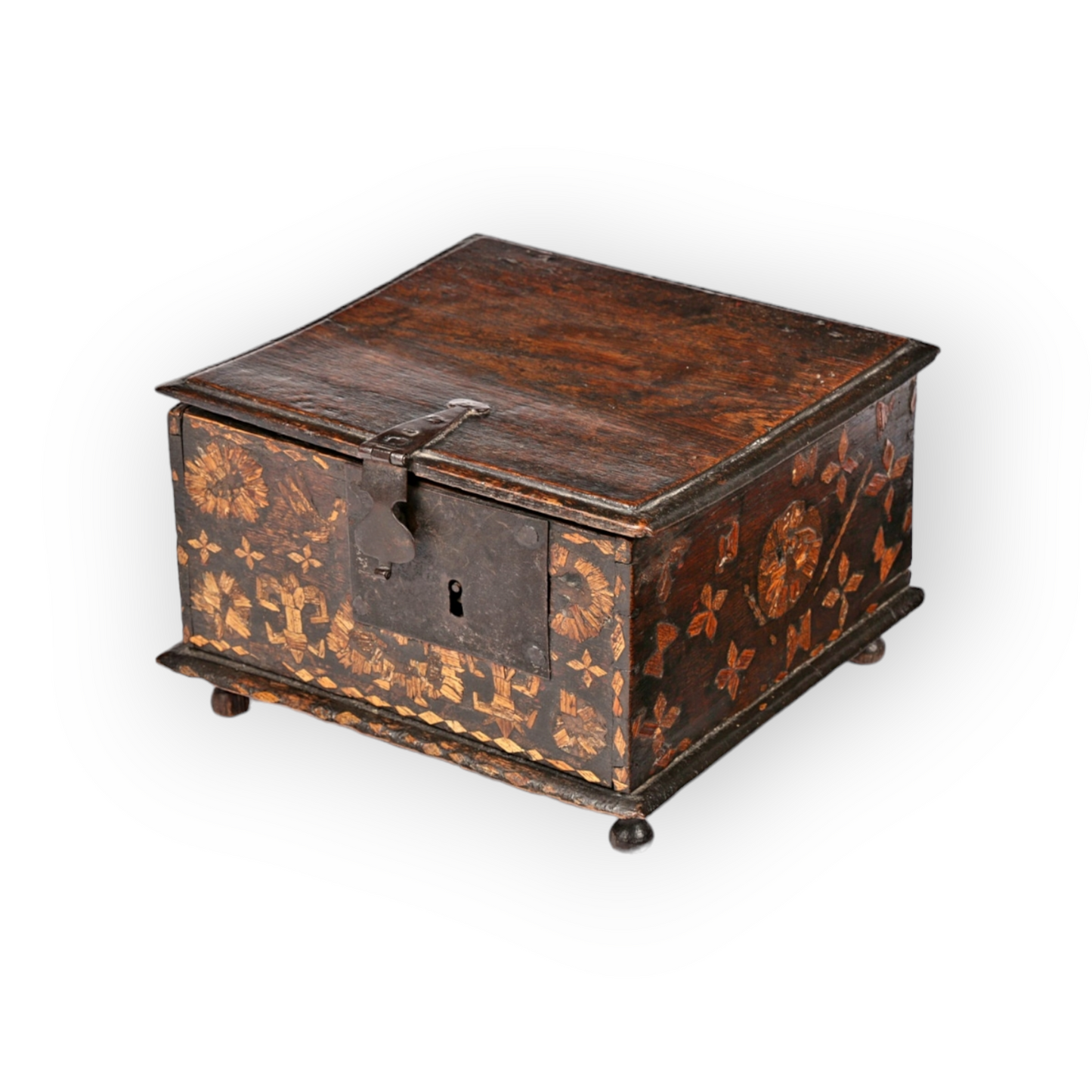 Rare Charles II English Antique Boarded Oak & Straw-work Decorated Box, Circa 1680