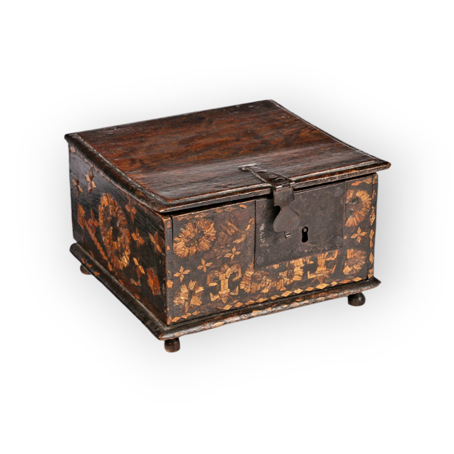 Rare Charles II English Antique Boarded Oak & Straw-work Decorated Box, Circa 1680