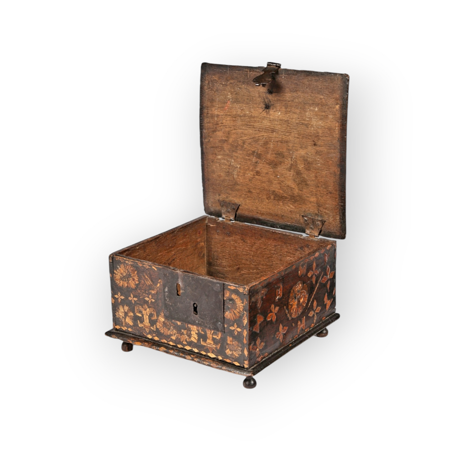 Rare Charles II English Antique Boarded Oak & Straw-work Decorated Box, Circa 1680