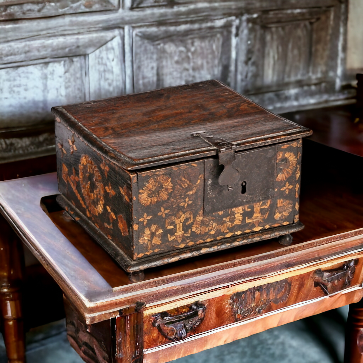 Rare Charles II English Antique Boarded Oak & Straw-work Decorated Box, Circa 1680