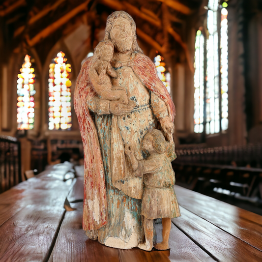 English Antique Folk Art - Harry Macdonald The Woodcarver From Woolmer Green - A 15th Century Style Carved Wood Sculpture Depicting Joseph & His Two Sons, Manasseh & Ephraim