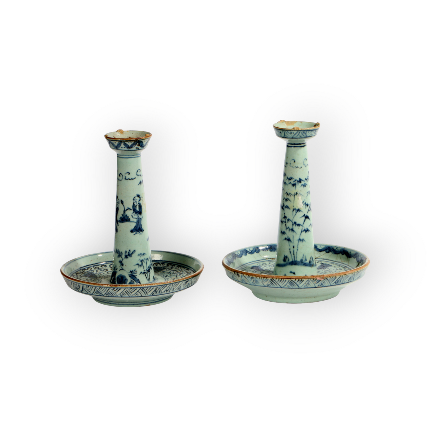 Pair of 18th Century Chinese Antique Qing Dynasty Blue & White Porcelain Candlesticks