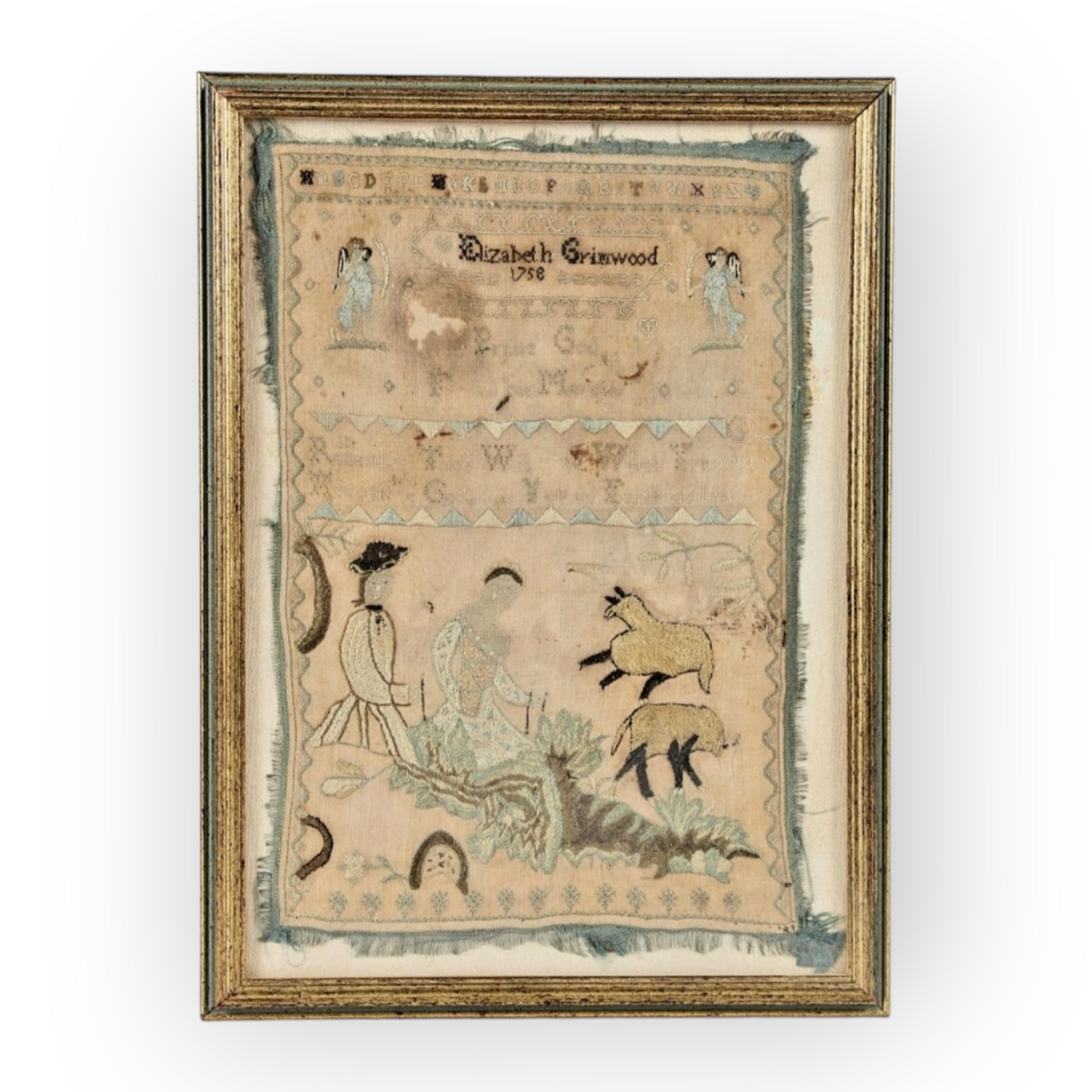 Mid 18th Century English Antique Sampler by Elizabeth Grimwood,  Dated 1758