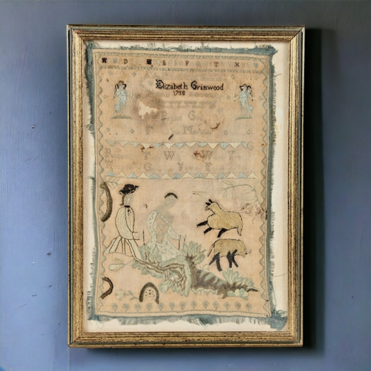 Mid 18th Century English Antique Sampler by Elizabeth Grimwood,  Dated 1758