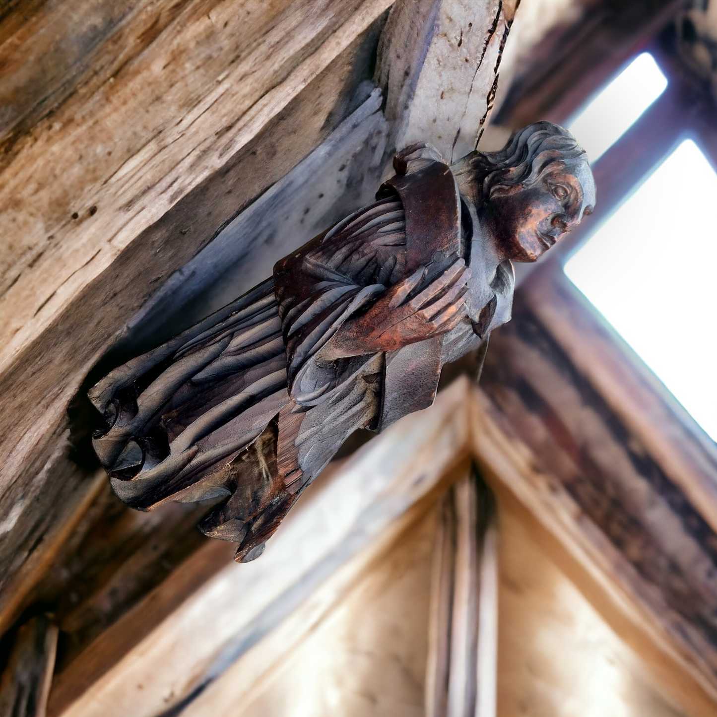 A Very Large & Impressive 17th Century Antique Carved Pine Hammerbeam Roof Angel