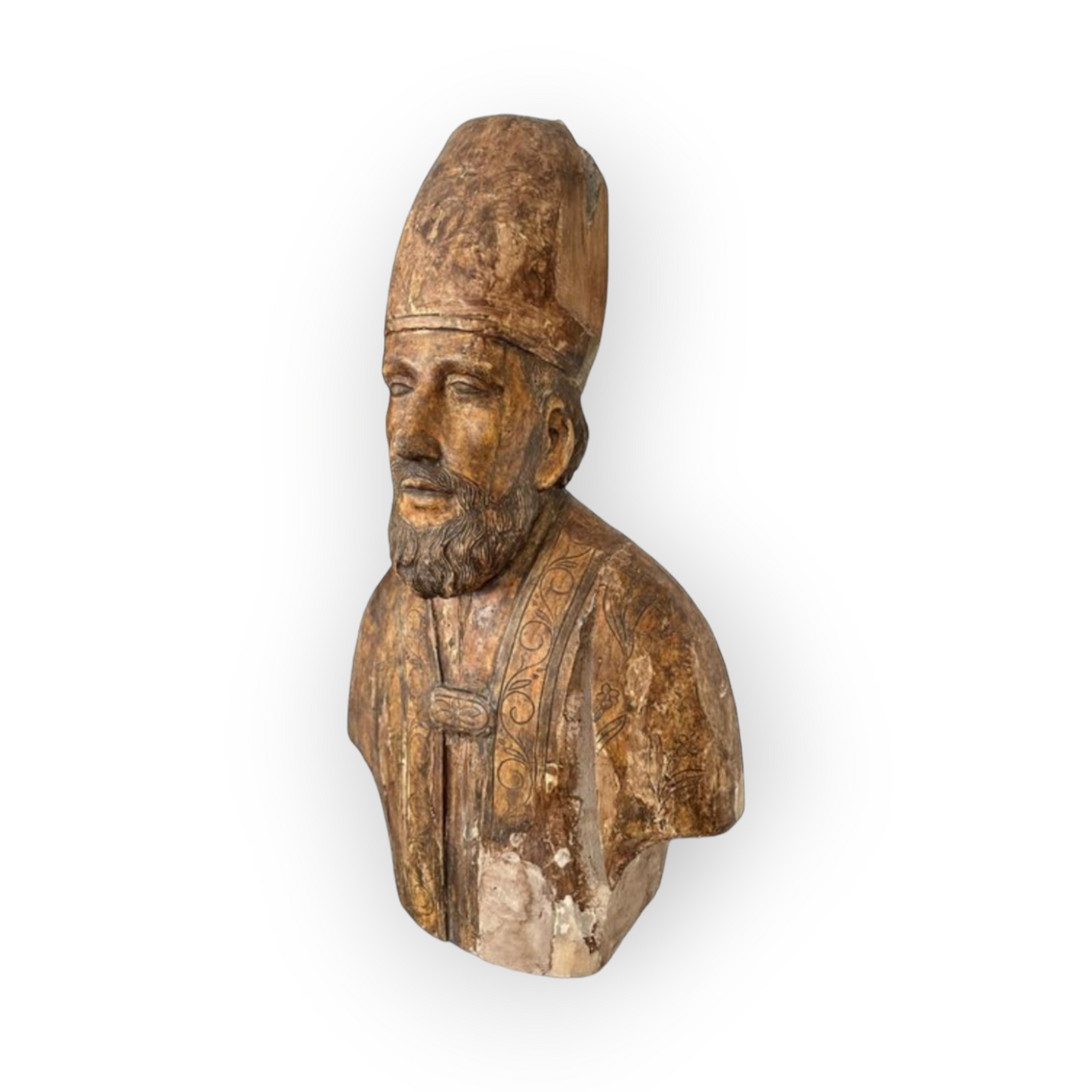 Life-size Early 17thC Italian Antique Carved Wooden Bust / Sculpture of a Bishop Saint