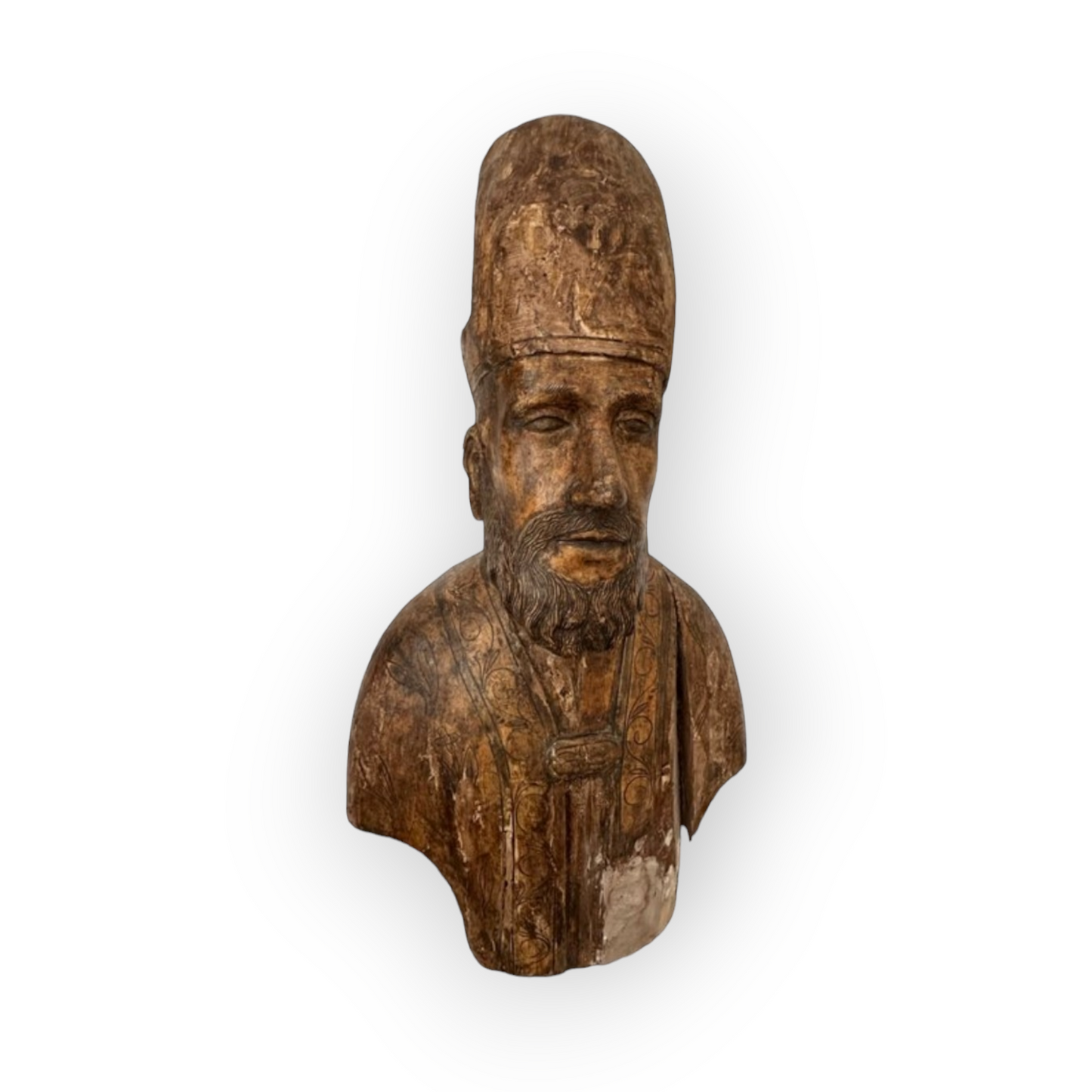 Life-size Early 17thC Italian Antique Carved Wooden Bust / Sculpture of a Bishop Saint