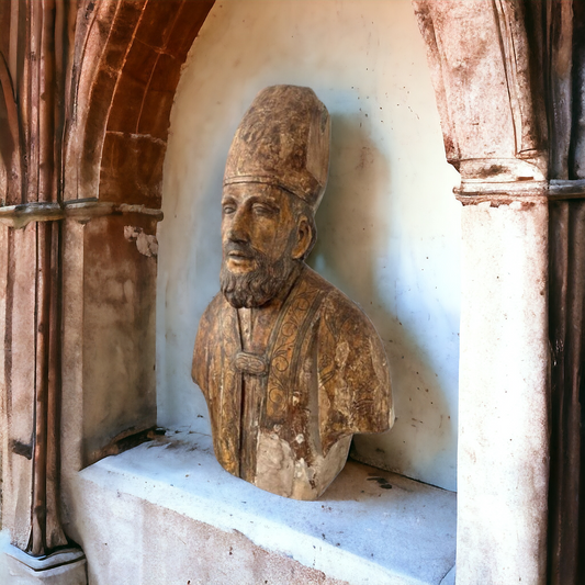 Life-size Early 17thC Italian Antique Carved Wooden Bust / Sculpture of a Bishop Saint