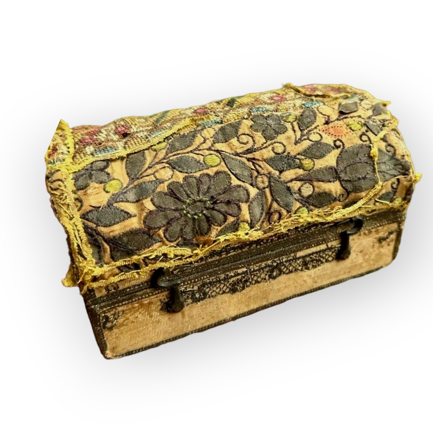 Diminutive 17th Century English Antique Embroidered Table Casket