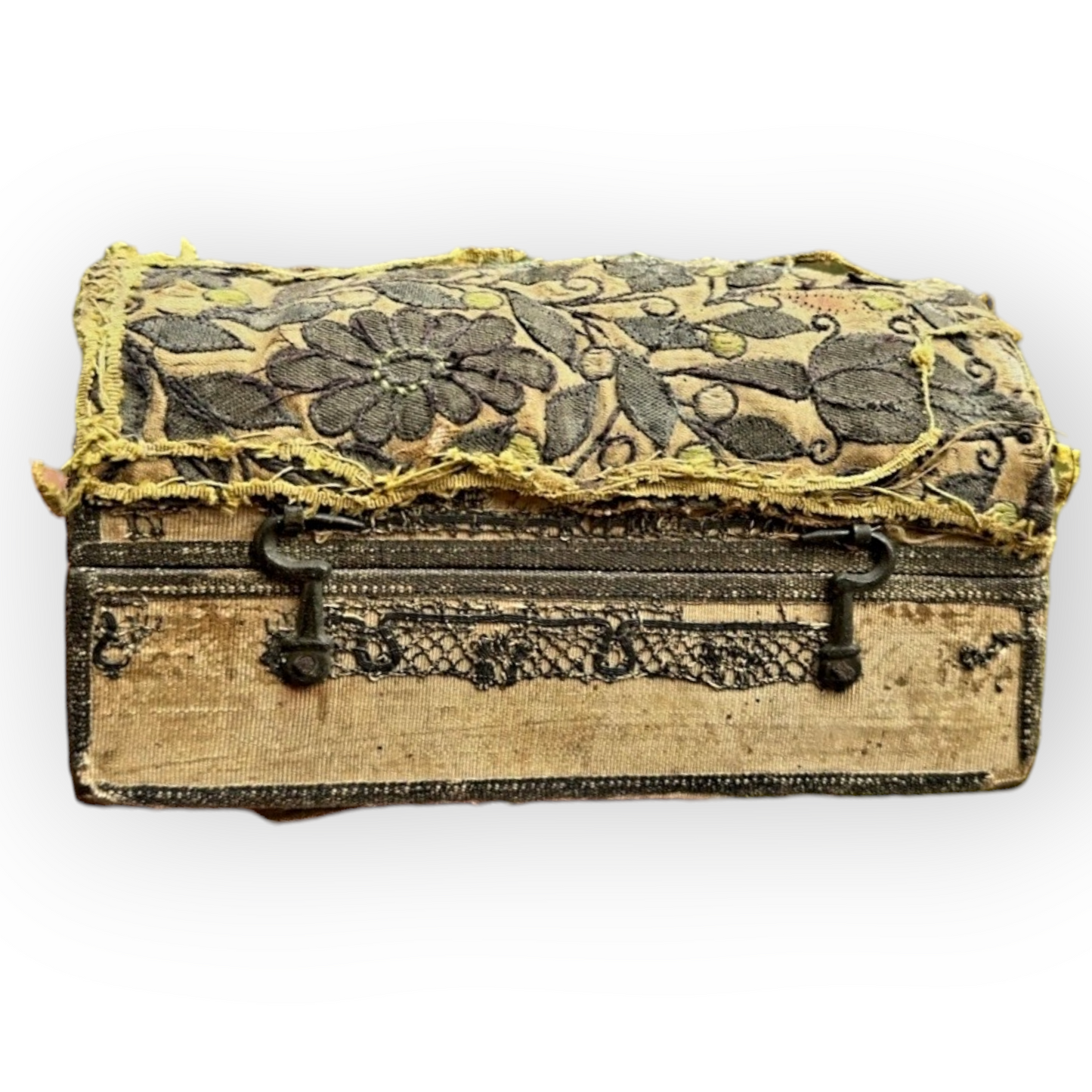 Diminutive 17th Century English Antique Embroidered Table Casket