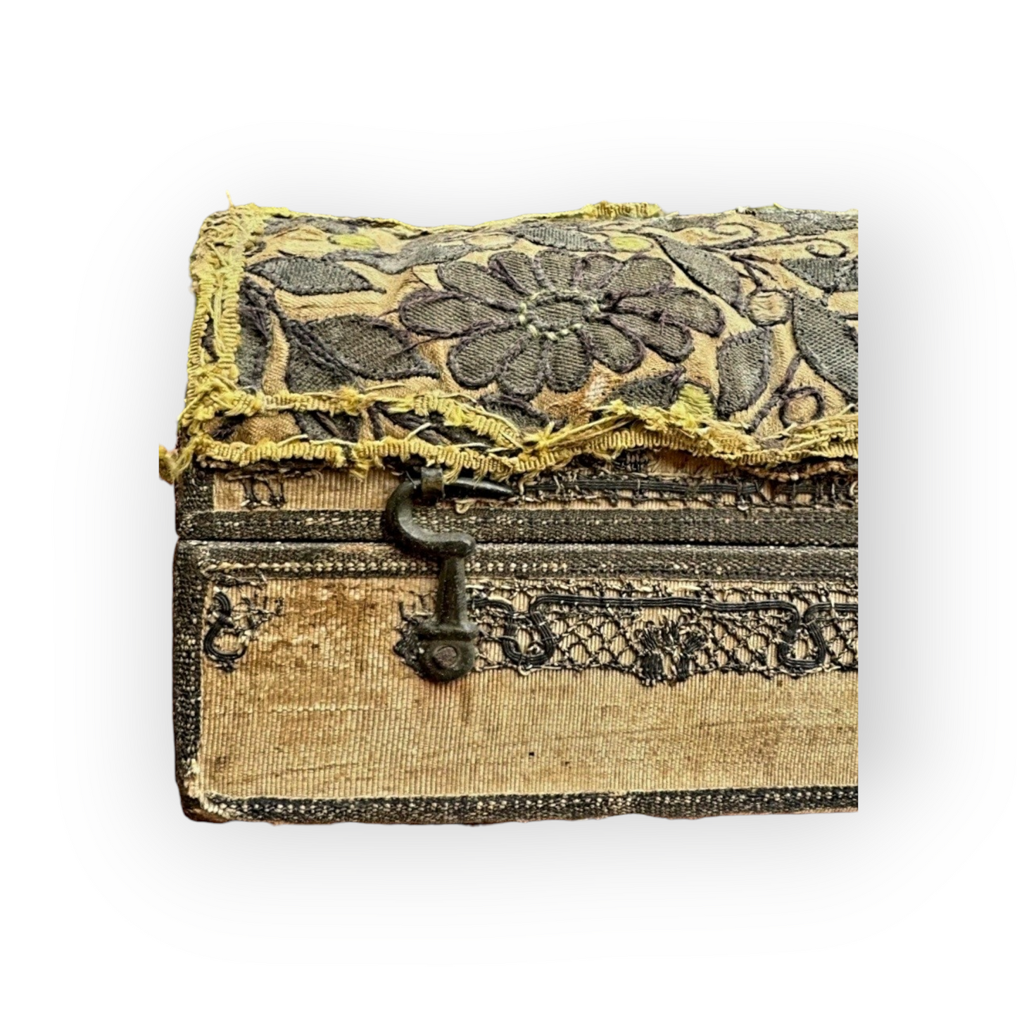 Diminutive 17th Century English Antique Embroidered Table Casket