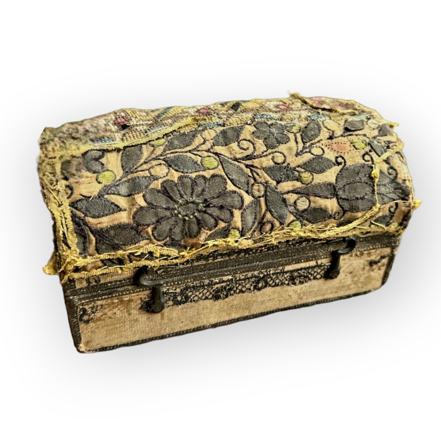 Diminutive 17th Century English Antique Embroidered Table Casket