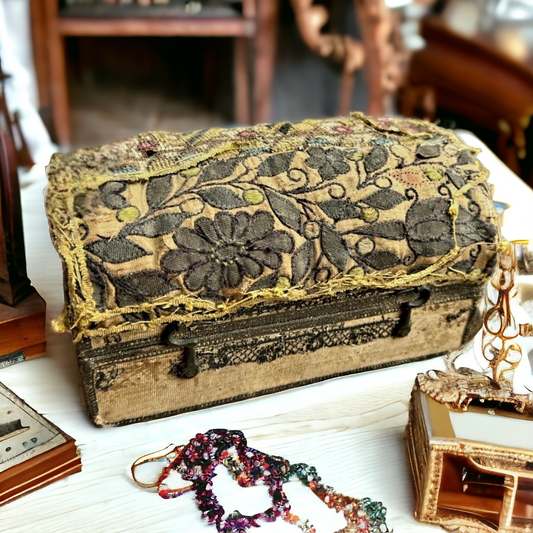 Diminutive 17th Century English Antique Embroidered Table Casket