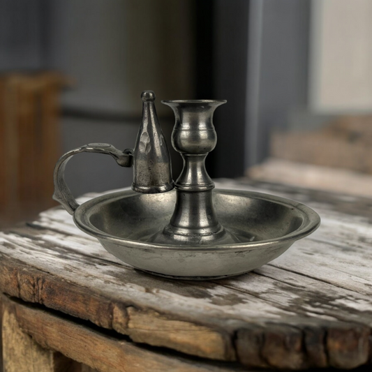 Late 18th Century Antique Pewter Chamberstick With Candle Snuffer
