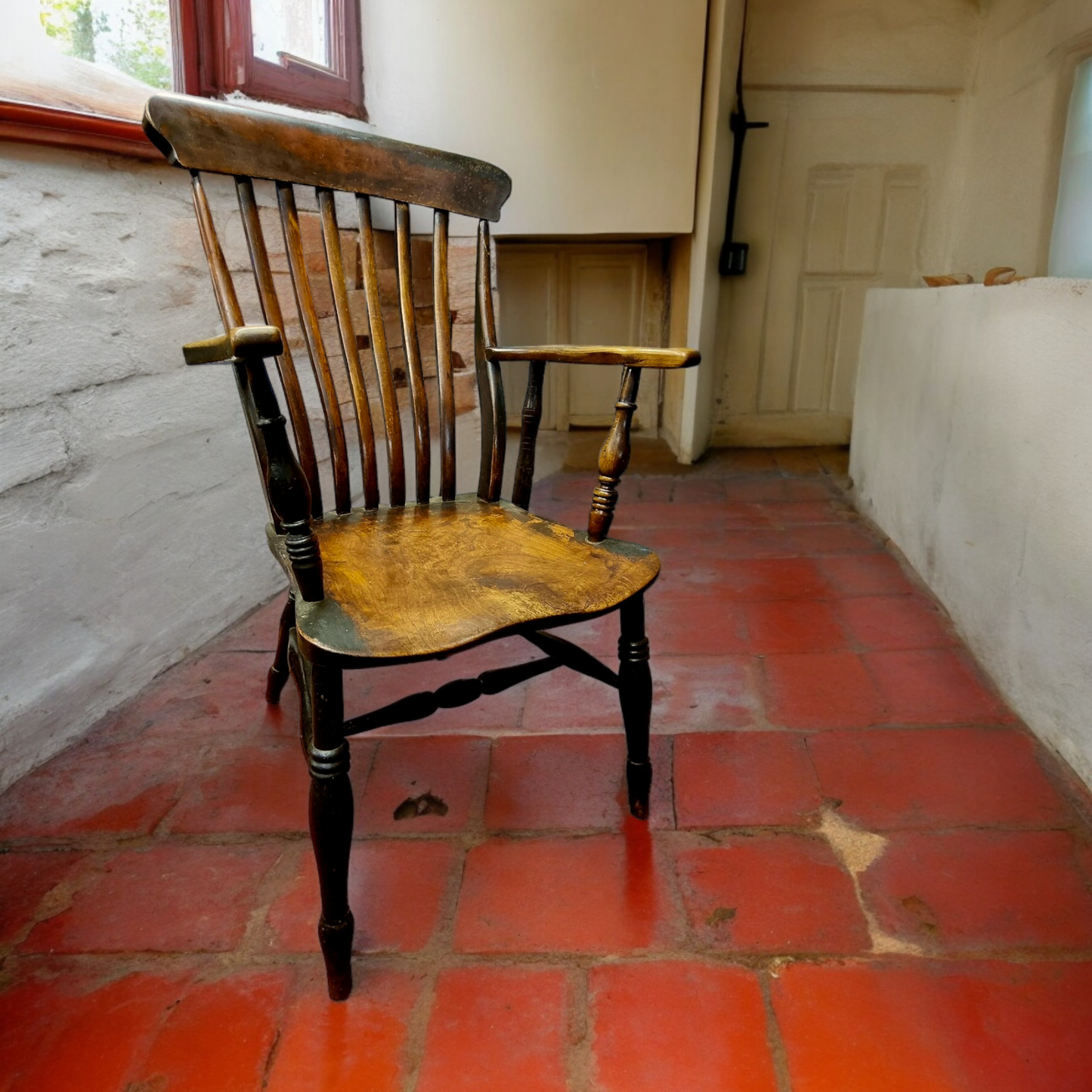 Ideal For The Kitchen Or Fireside - A Mid 19th Century English Antique Elm & Beech Kitchen Windsor Armchair