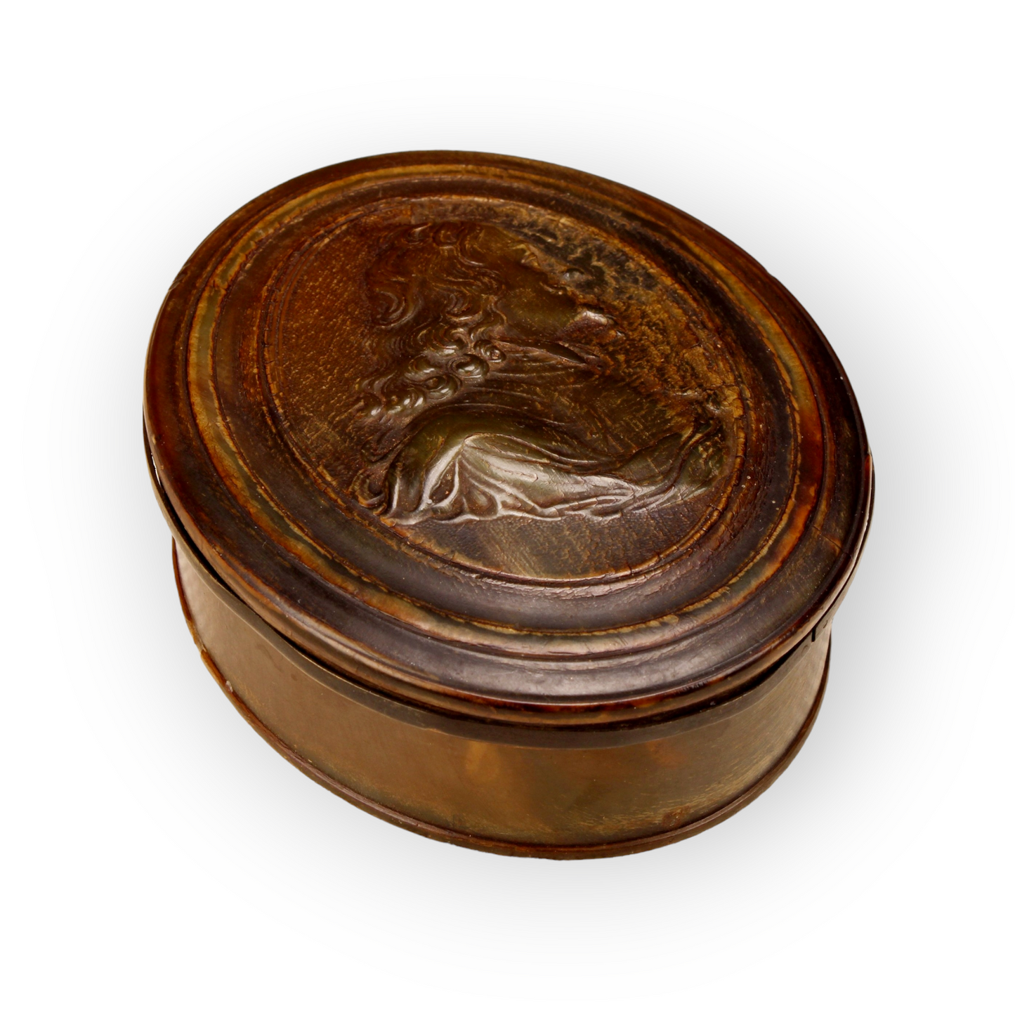 An Early 18th-Century English Antique Pressed Horn Tobacco Snuff Box, Attributed to John Obrisset (Active 1705-1727), Depicting King Charles I