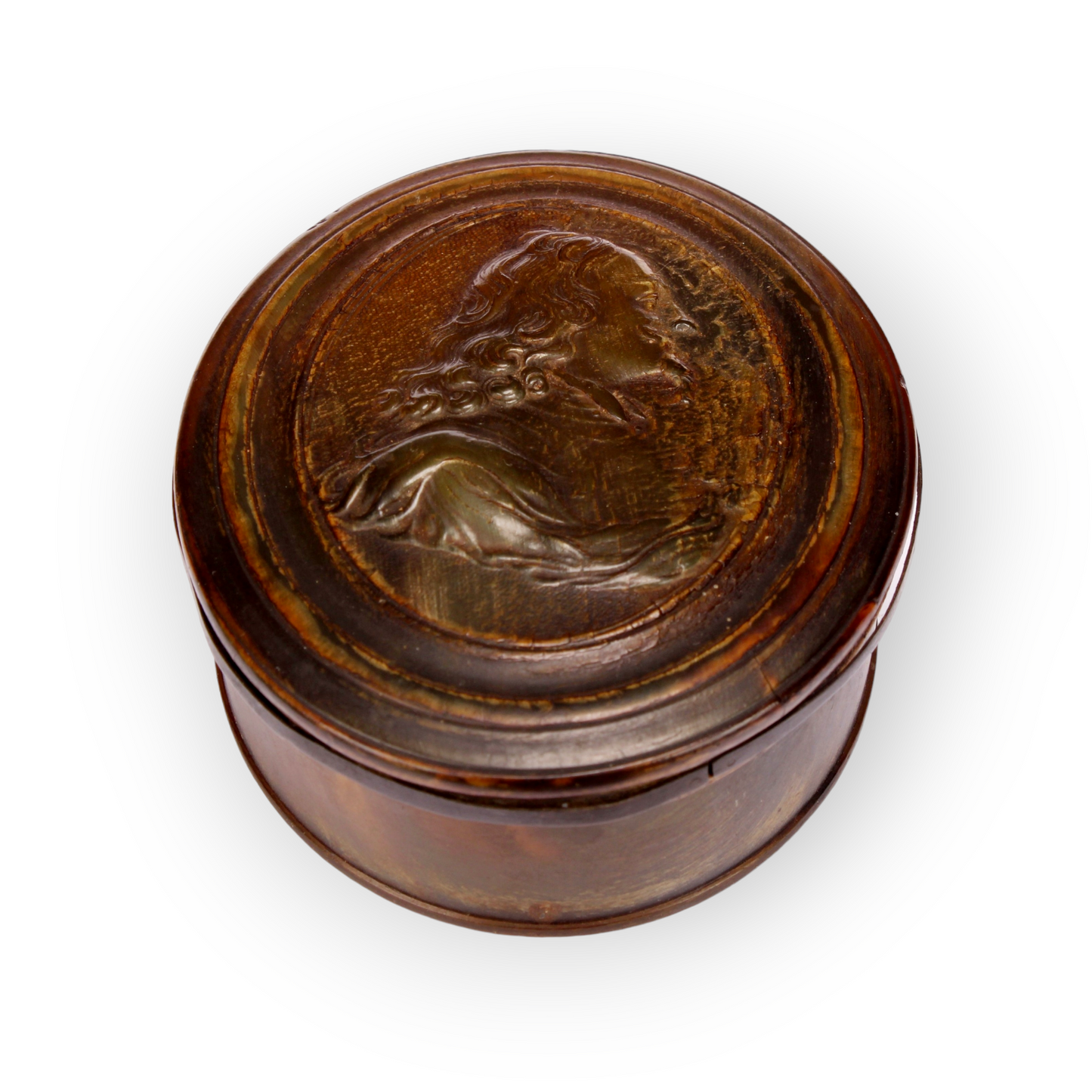 An Early 18th-Century English Antique Pressed Horn Tobacco Snuff Box, Attributed to John Obrisset (Active 1705-1727), Depicting King Charles I