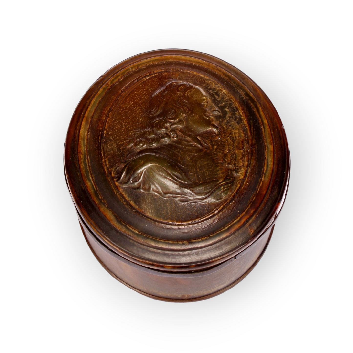 An Early 18th-Century English Antique Pressed Horn Tobacco Snuff Box, Attributed to John Obrisset (Active 1705-1727), Depicting King Charles I