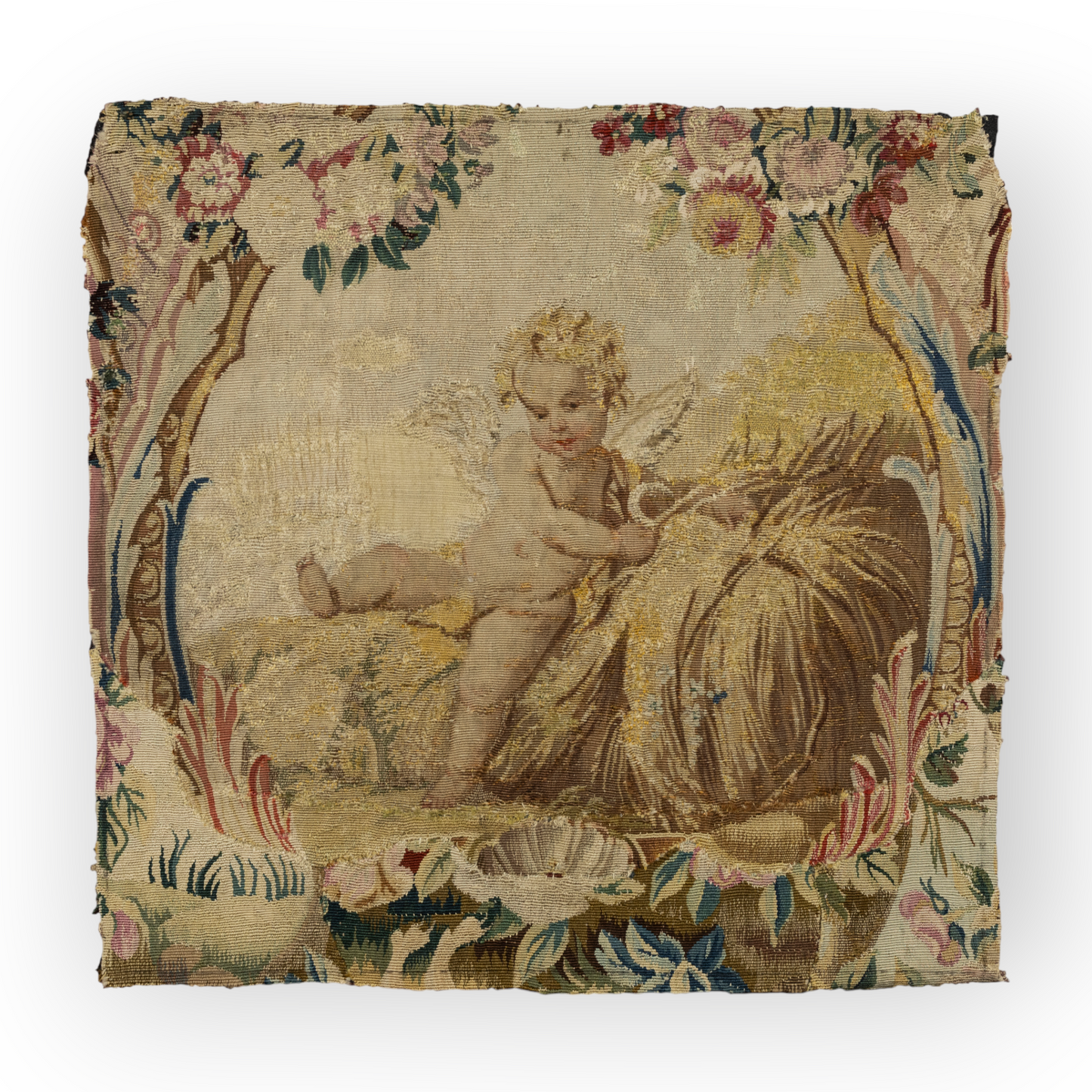 An 18th-Century French Antique Aubusson Tapestry Fragment Depicting A Winged Cherub / Putto