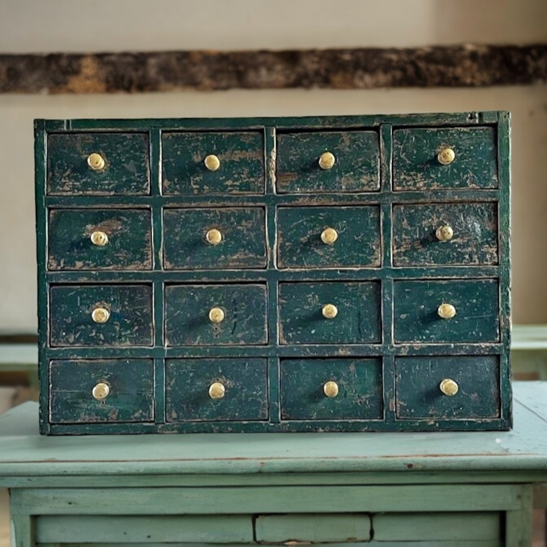 19th Century English / Welsh Antique Bank of Drawers In Original Green Paint