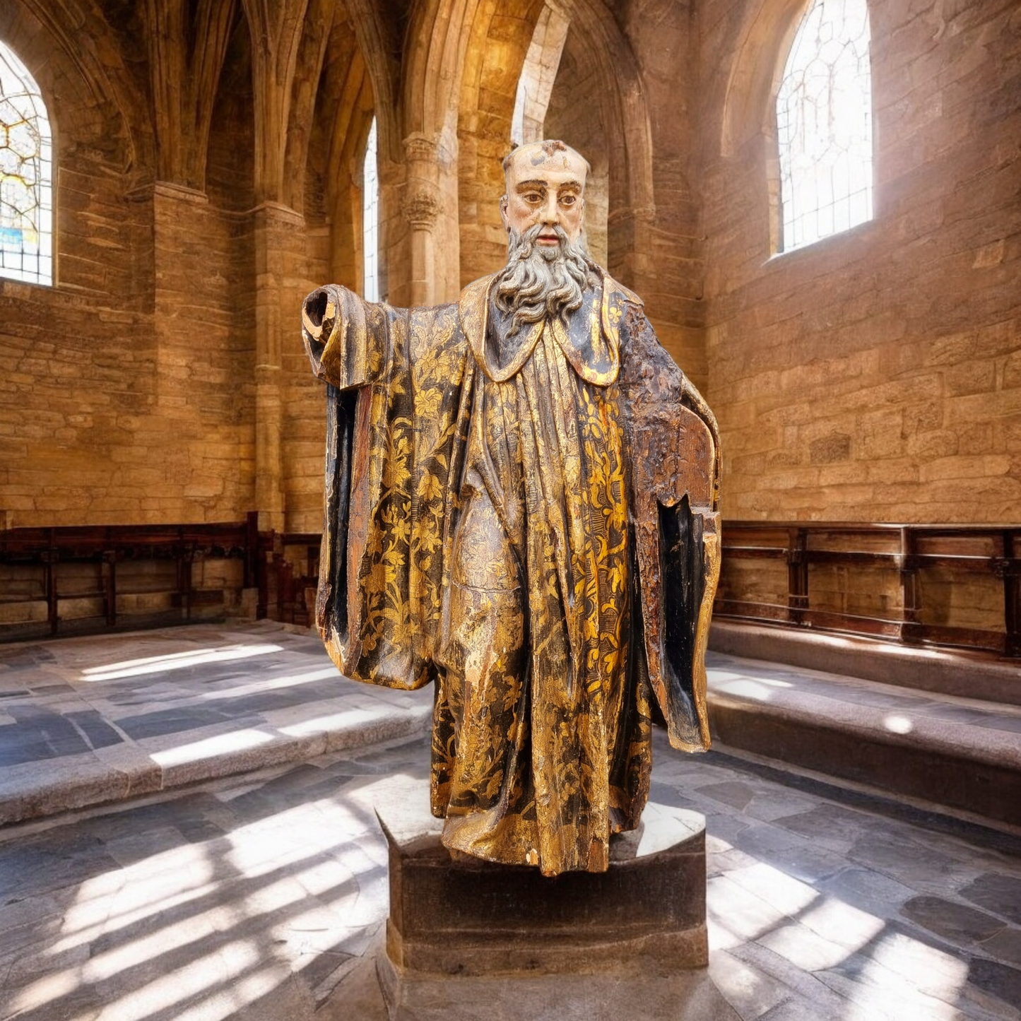 A Large & Impressive Early 18th Century Baroque Period Continental Antique Carved Wooden Sculpture Of A Saint In Original Polychrome, circa 1700