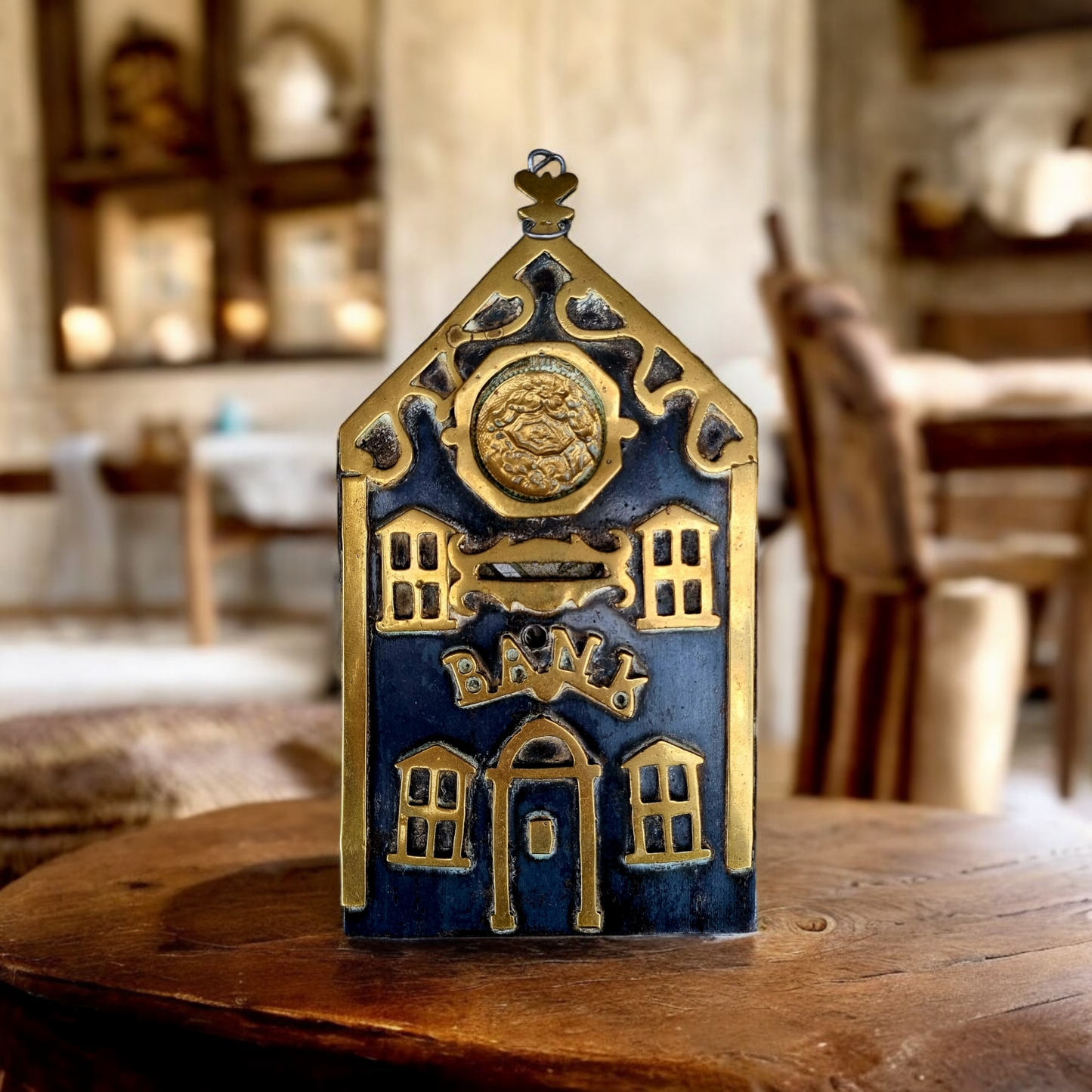 A Decorative 19th Century English Antique Brass & Iron Money Box Front