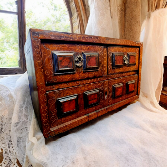 A Superb 17th-Century Spanish Antique Collectors Cabinet / Bargueno of Diminutive Proportions