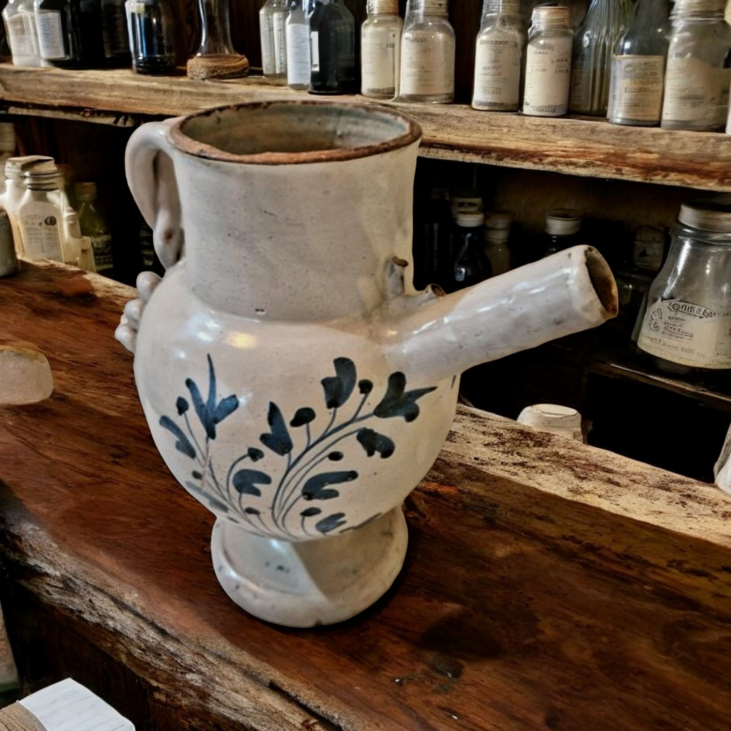 Early 18th Century Antique Faience / Tin-Glazed Earthenware Pharmacist's / Apothecary's Wet Drug Jar / Chevrette De Pharmacie