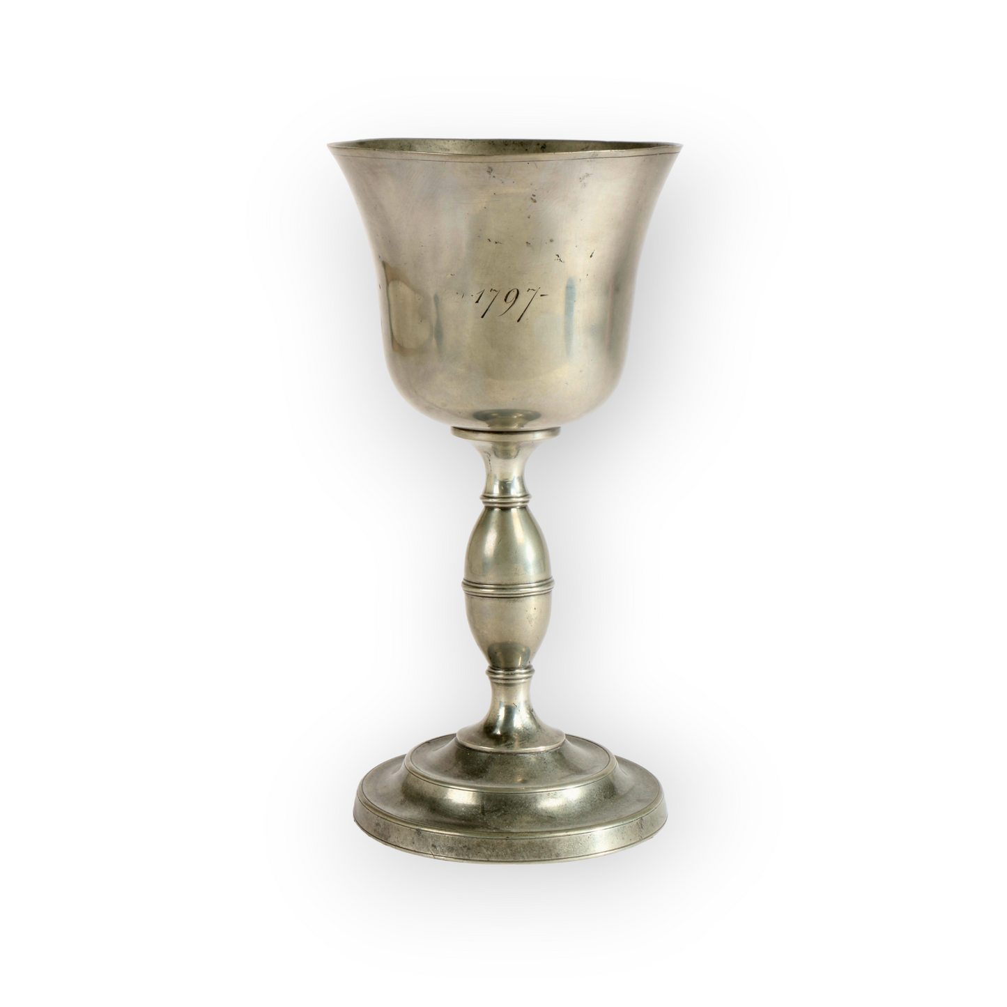 A Large 18th Century, George III Period, English Antique Pewter Communion Cup / Goblet, Dated 1797