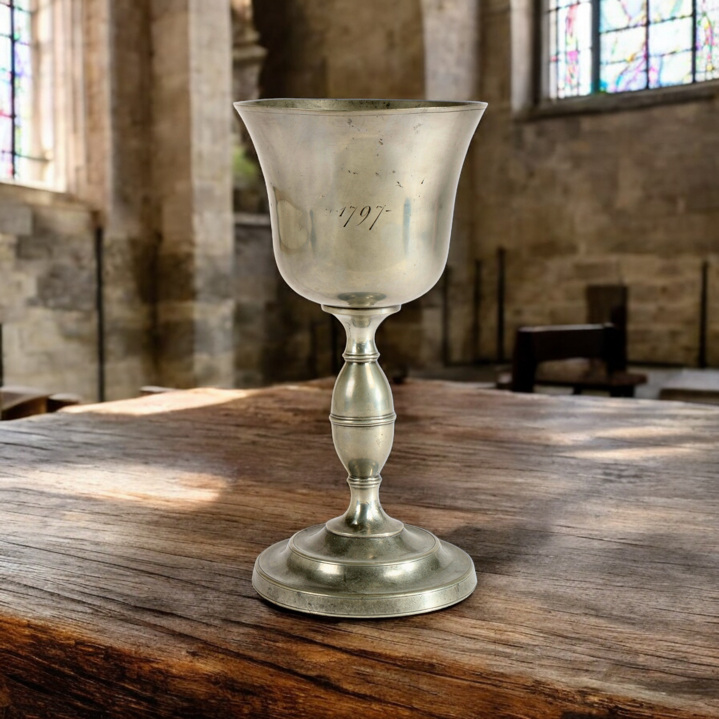 A Large 18th Century, George III Period, English Antique Pewter Communion Cup / Goblet, Dated 1797