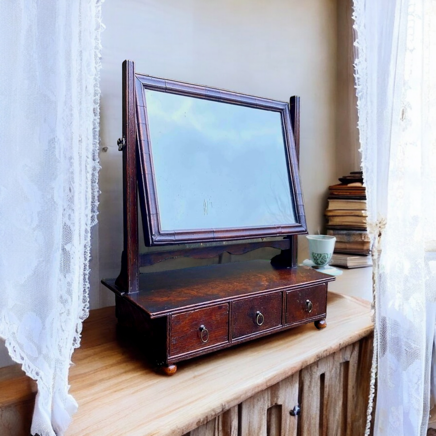 Diminutive Early 18th-Century English Antique Oak & Walnut Vanity Mirror / Toilet Mirror