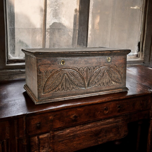 17th-Century English Antique Oak Bible Box / Boarded Box