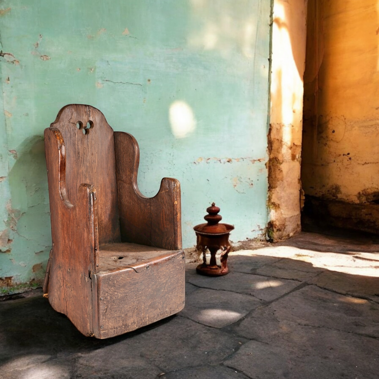 A Primitive 18th Century English Antique Oak Child's Lambing Chair Of Small Proportions