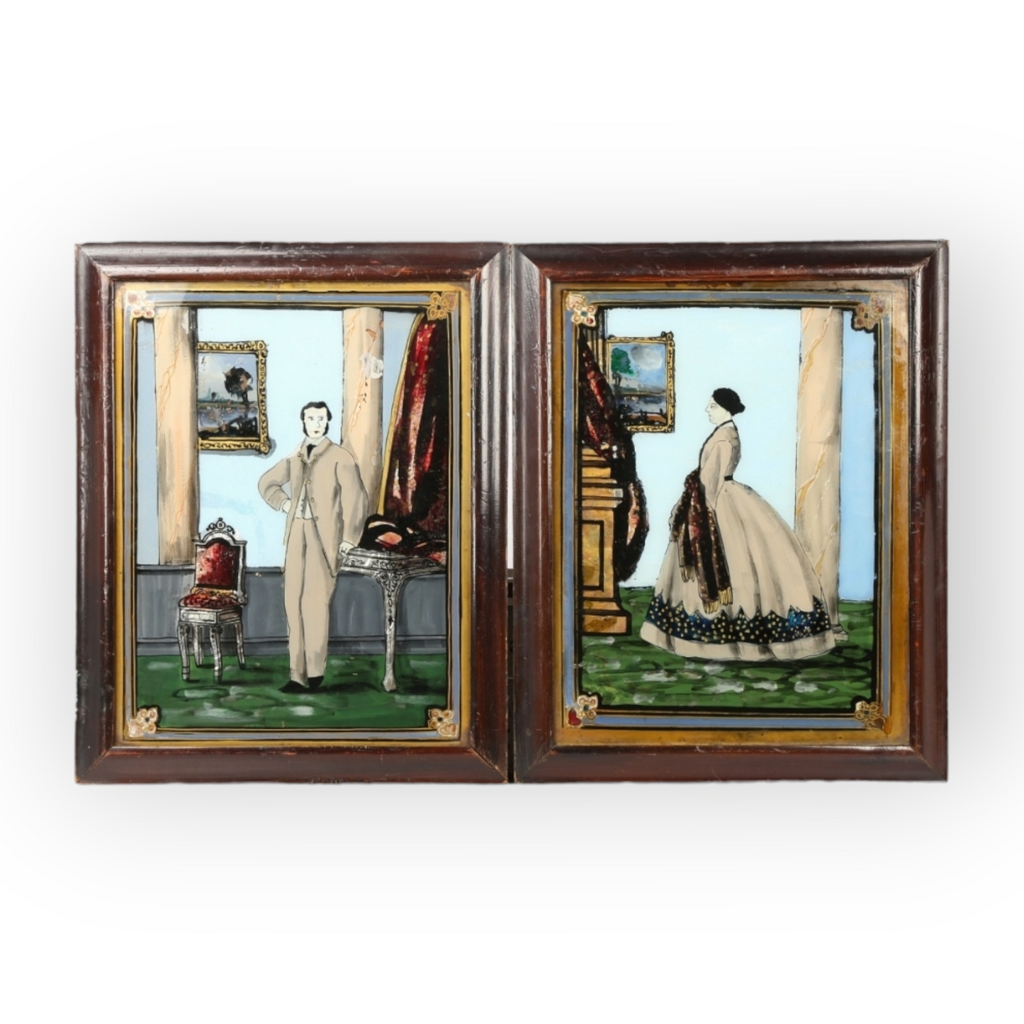 Rare Pair Of Primitive / Naive Mid 19th-Century American Antique Folk-Art Portrait Paintings On Glass